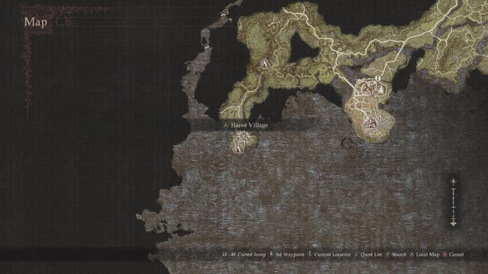 The location of Harve Village on the main map of Dragon's Dogma 2.