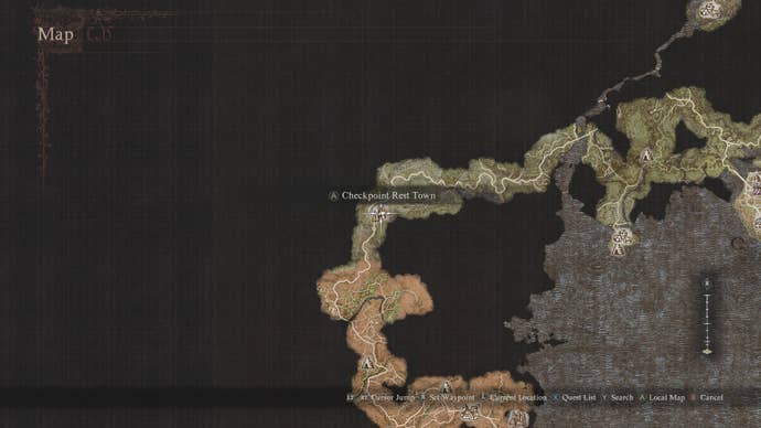 A screenshot showing the location of the Checkpoint Rest Town on the map.