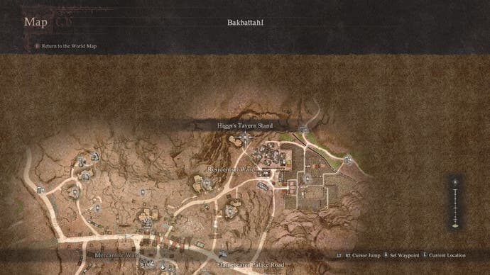 Dragon's Dogma 2 screenshot showing the location of Higg's Tavern Stand on the map.