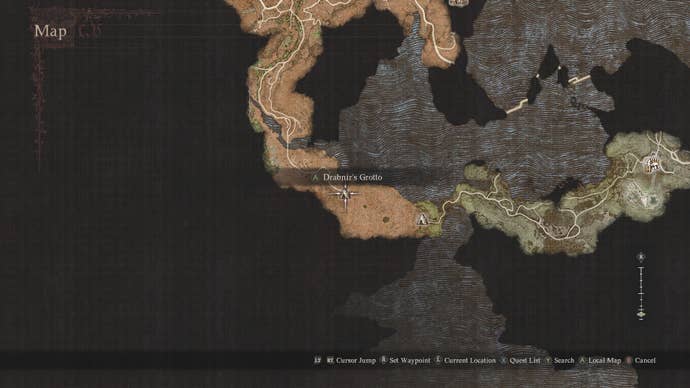 Dragon’s Dogma 2 screenshot showing the location of the cavern on the map.