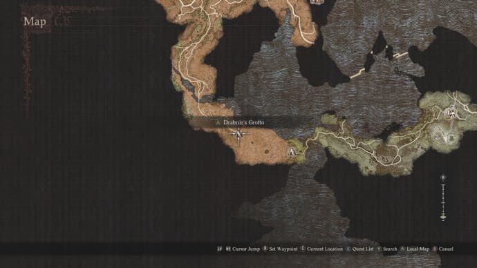 Dragon's Dogma 2 screenshot showing the location of the cavern on the map.