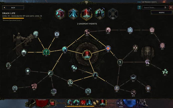 Last Epoch screenshot showing An elaborate skill tree with several nodes and upgrade levels for the drain life ability, one of the skills used by the acolyte class.