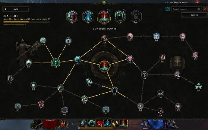 Last Epoch screenshot showing An elaborate skill tree with several nodes and upgrade levels for the drain life ability, one of the skills used by the acolyte class.