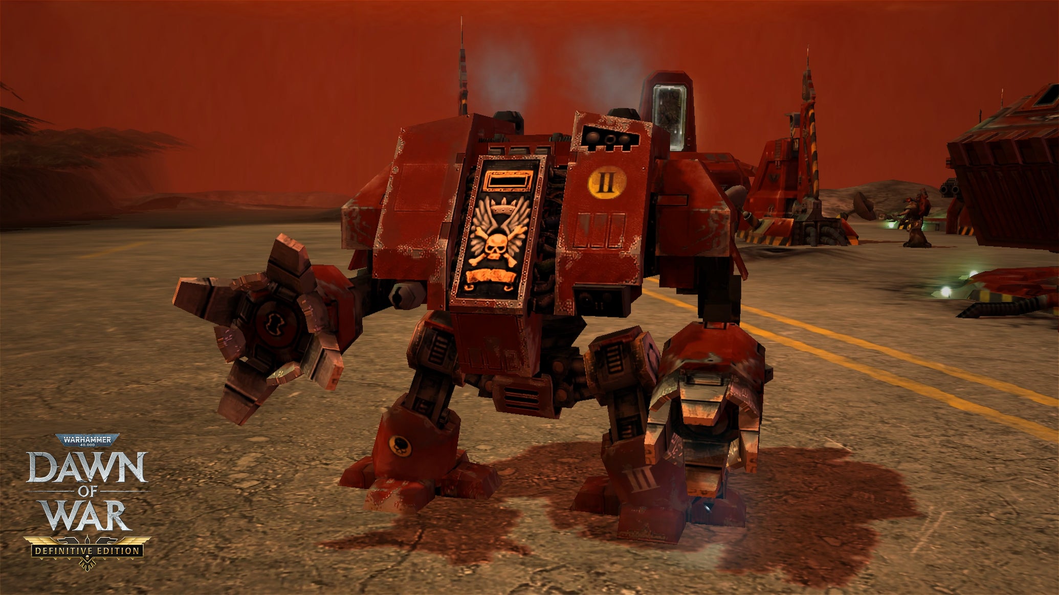 A bloody red bipedal robot dreadnaught from Warhammer 40,000: Dawn Of War Definitive Edition - 1