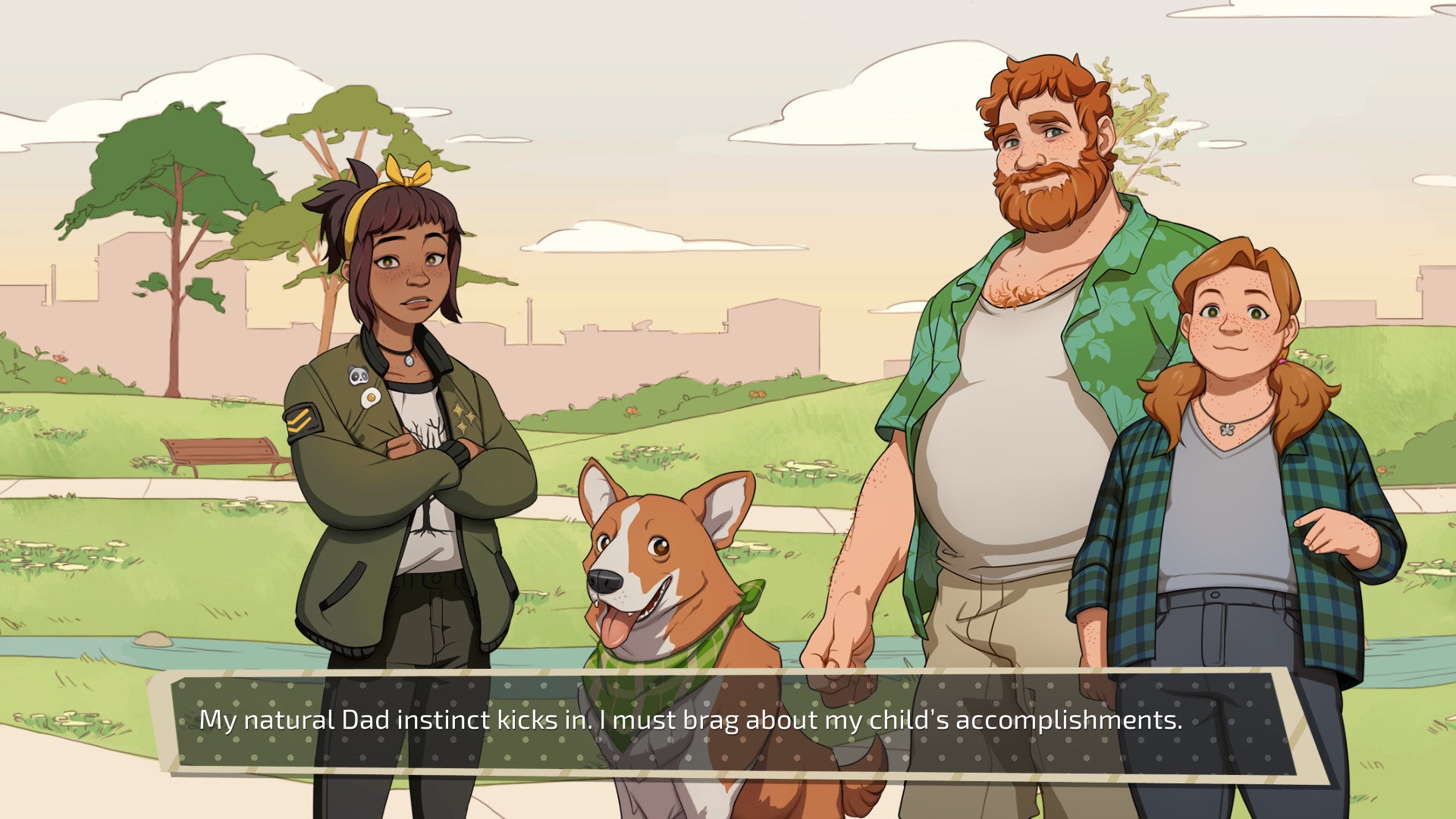 The player character and their daughter speak with another father, daughter, and their dog in Dream Daddy - 19