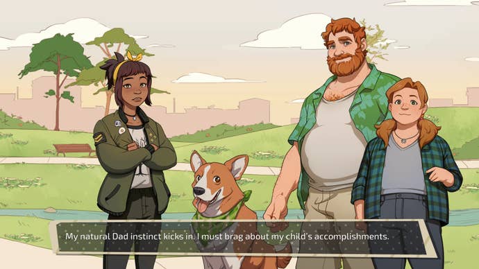 The player character and their daughter speak with another father, daughter, and their dog in Dream Daddy