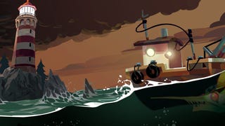 Dredge artwork showing a dimly lit boat in choppy green waves next to a lighthouse at night