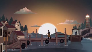 screenshot from Dredge's date reveal trailer, showing the sailor walk thing through a port with the sunset behind him.