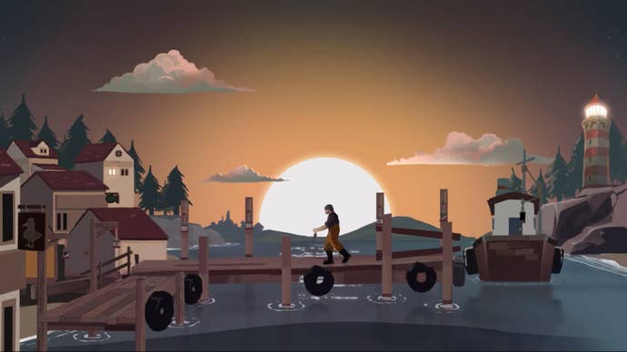 screenshot from Dredge’s date reveal trailer, showing the sailor walk thing through a port with the sunset behind him.