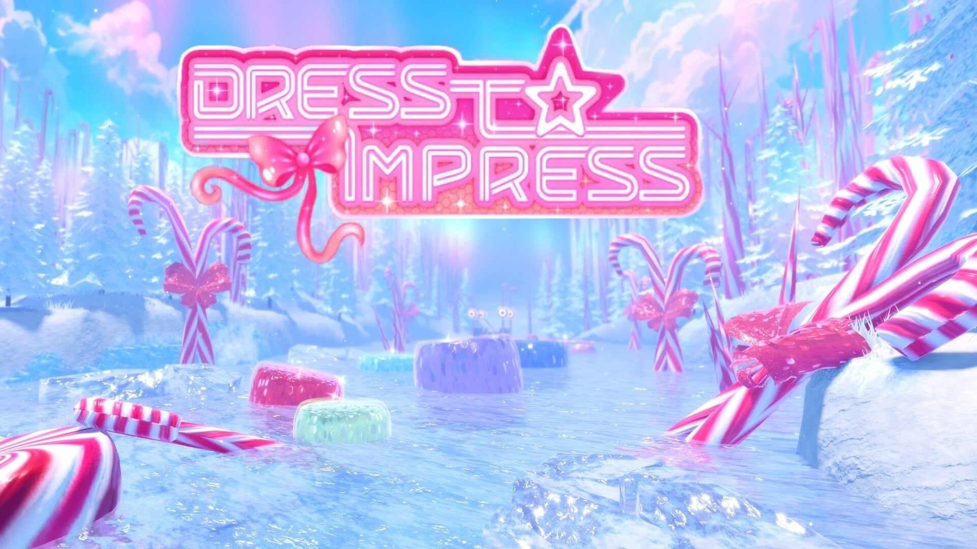 The Dress to Impress (Roblox) logo is featured on a festive backdrop that shows an ice rink with candy canes, sweets, and trees surrounding it