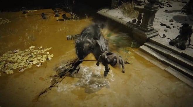 Un gif que muestra al personaje jugador golpeando y pateando a un enemigo fantasmal, mientras gira y gira en Elden Ring: Shadow of the Erdtree.