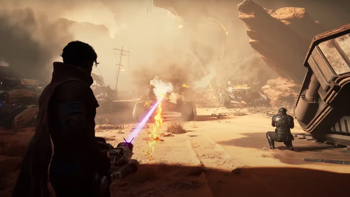 A screenshot showing over-the-shoulder combat in Dune: Awakening.