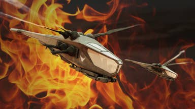 An ornithopter in Dune Awakening flies through the desert, with hellish flames engulfing it