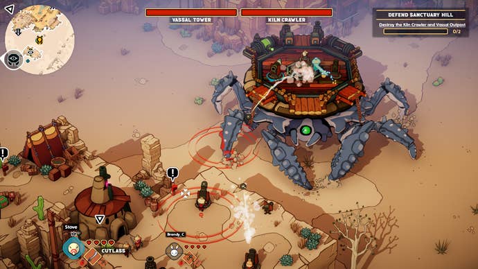 A crab walker exchanges cannon fire with static defences in the DuneCrawl demo.