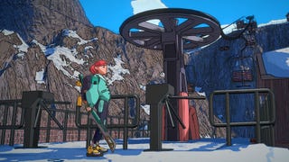 Dungeons of Hinterberg screenshot showing a female character on a snowy mountainside. She is standing next to a chairlift