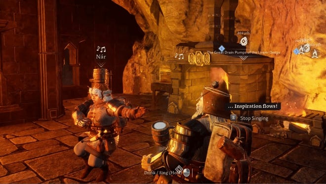 LOTR Return to Moria gif - Two dwarves stand in a player-built tavern, holding mugs of ale while singing and dancing. One dwarf has the tankard on her head, the other swings his mug from side to side.