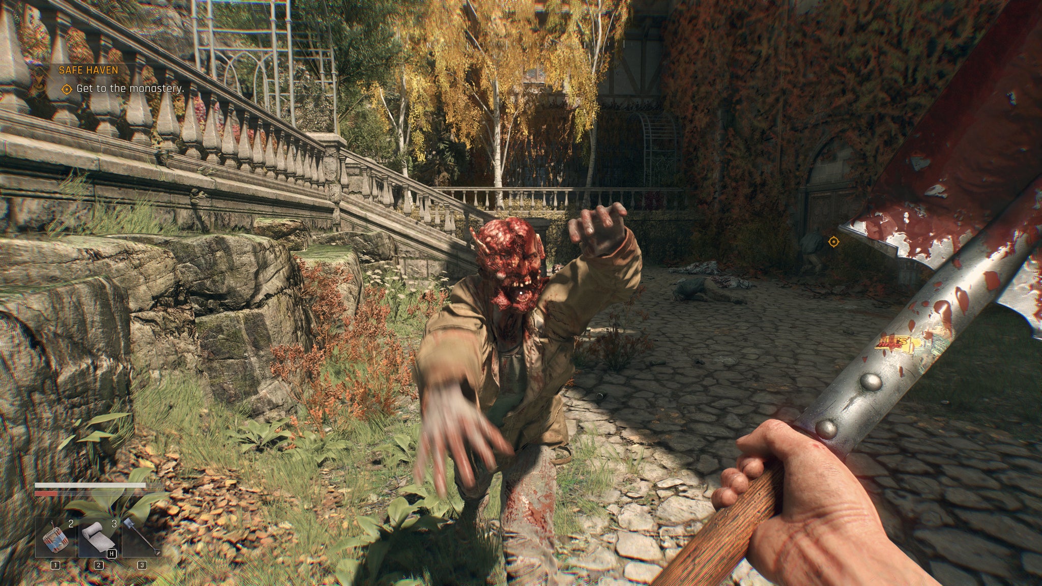 A zombie attacks the player outside a monastery in Dying Light: The Beast. - 3