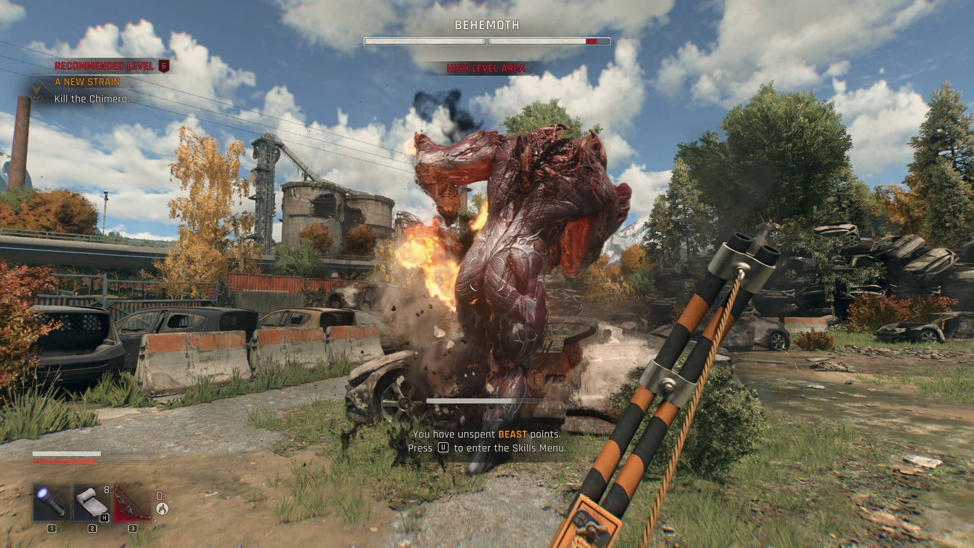 Bow in the dying light: Beast, fighting a giant zombie, a giant, muscular zombie.