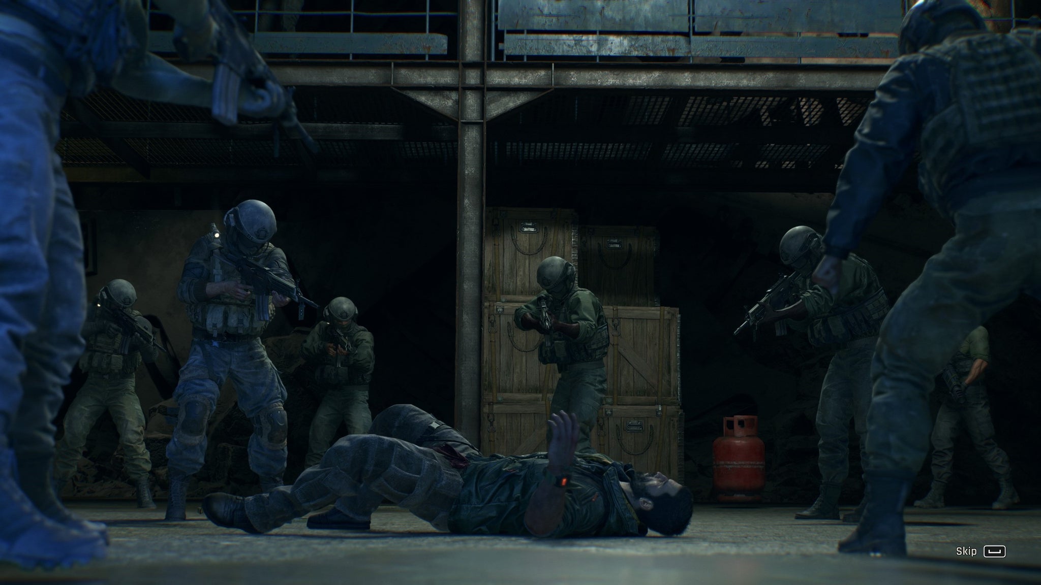 Crane lies on the ground, surrounded by armed mercenaries, in Dying Light: The Beast. - 9