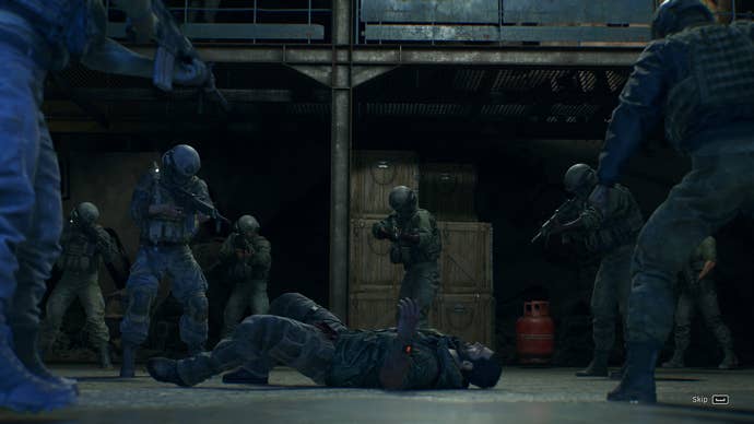 Crane lies on the ground, surrounded by armed mercenaries, in Dying Light: The Beast.