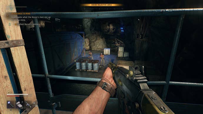 Aiming an assault rifle at some bad guys in Dying Light: The Beast.