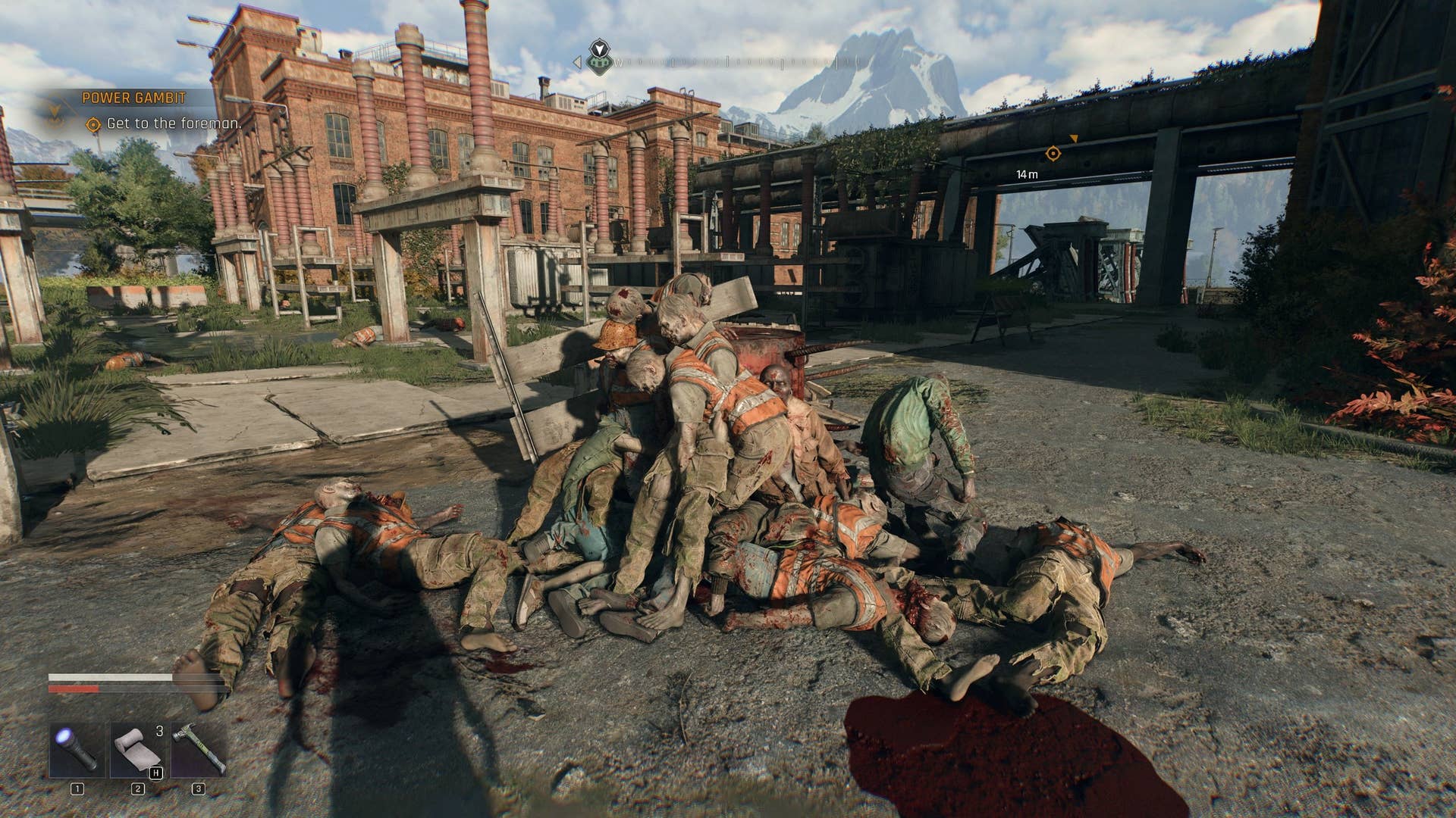 A mountain of zombie corpses is stacked around a spike trap in the dying light: a beast.