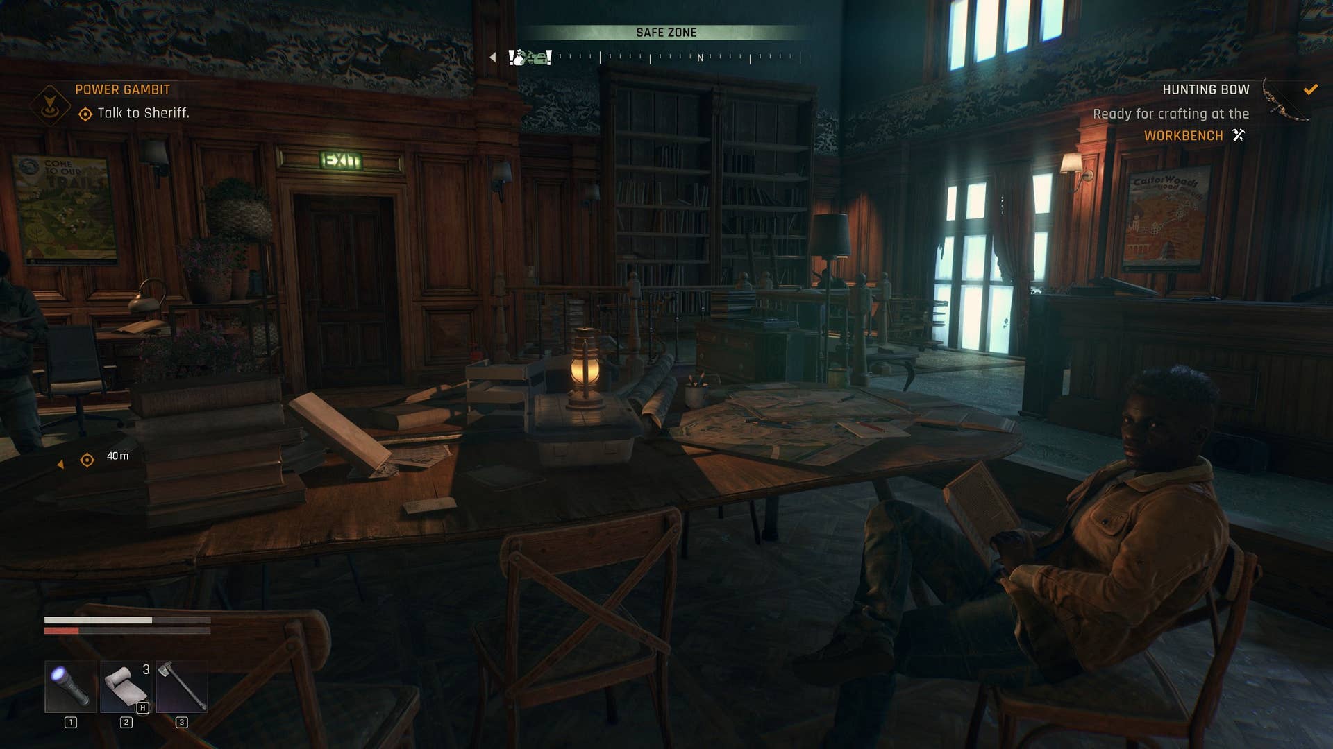 Resistance fighters sit around the office of City Hall in the dying light: the beast.