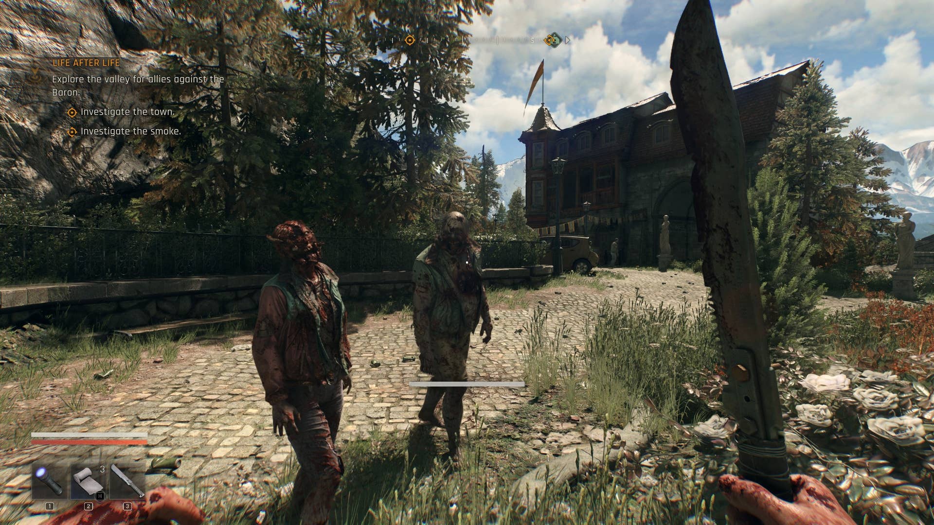Several mangled zombies block the player's path in the dying light: Beast.