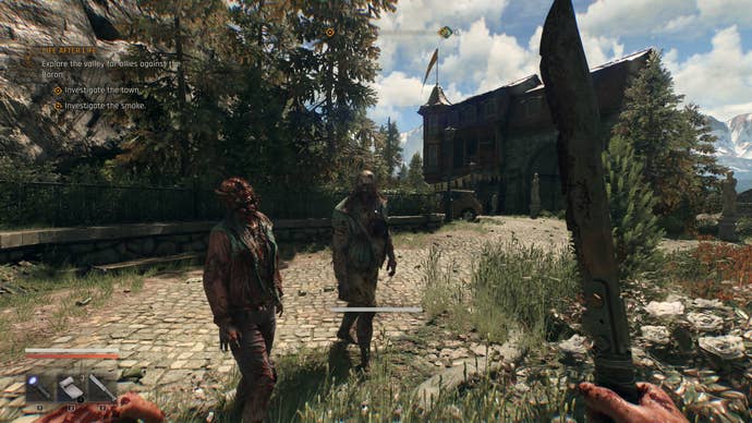 A couple of mangled zombies block the player's path in Dying Light: The Beast.