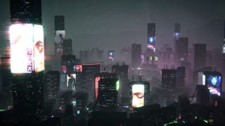 A cyberpunk cityscape at night, created in Dystopika