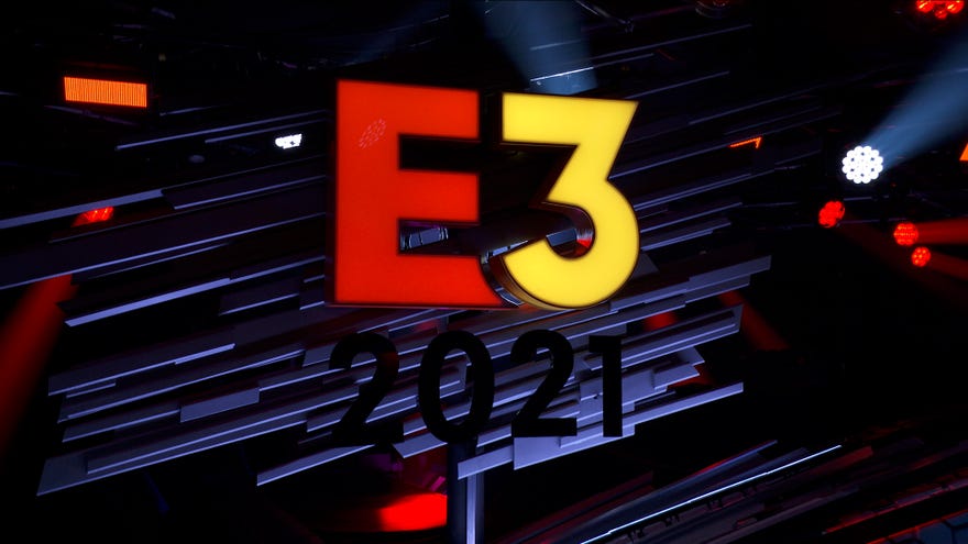 The E3 2021 sign hanging above the event's main stage.