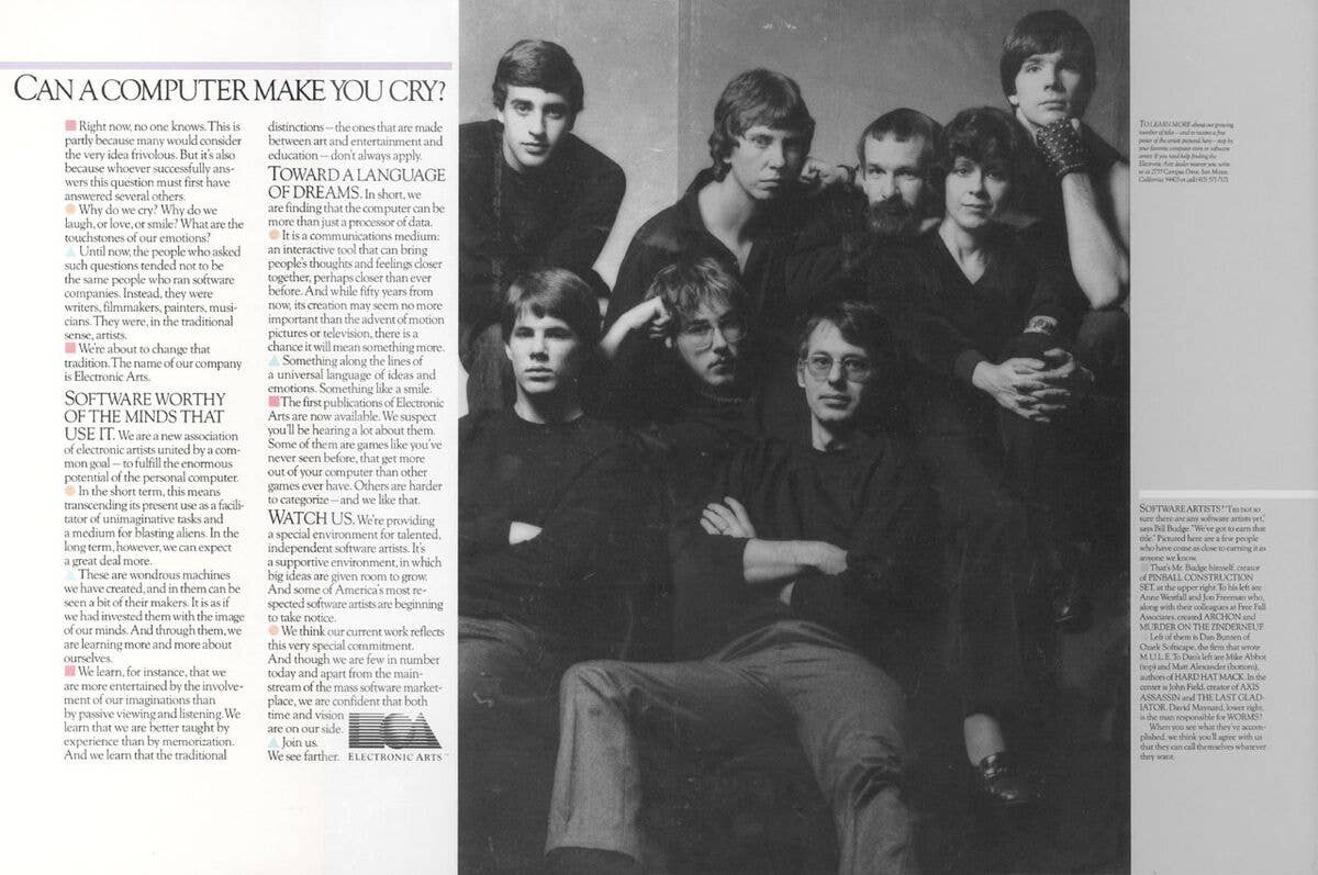 An Electronic Arts "Can a Computer Make You Cry?" print advertisement from not long after the company's founding in 1983.