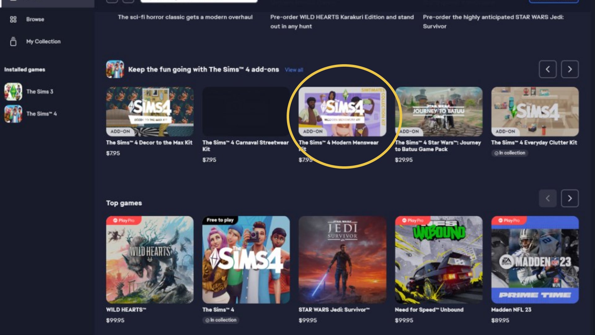 A screenshot of the EA App showing off a misplaced The Sims 4 asset - 3
