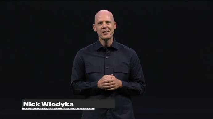EA Sports' Nick Wlodyka on stage in a black shirt in front of a black background
