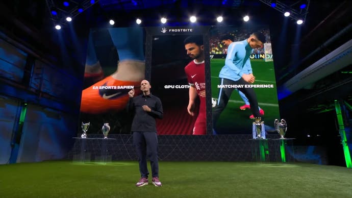 EA Sports' Nick Wlodyka on stage on an astroturf floor in front of a large screen showing three elements of FC 24