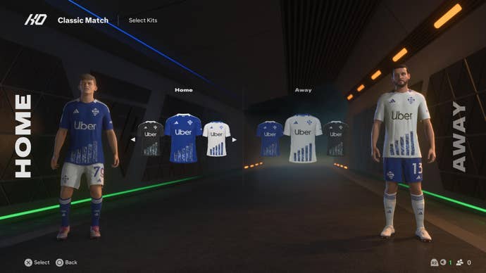 Two football players wearing Como 1907 kits in EA Sports FC 25.