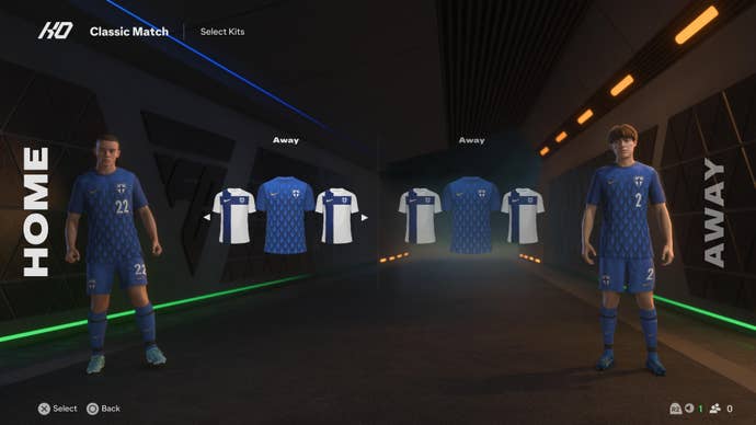 Two football players wearing Finland away kits in EA Sports FC 25.