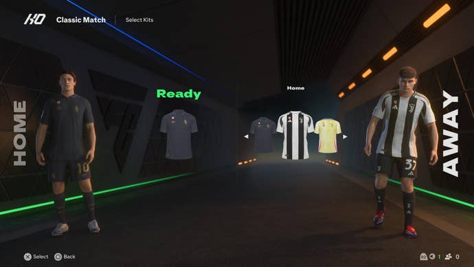 Two football players wearing Juventus kits in EA Sports FC 25.