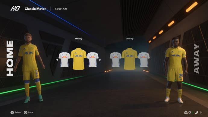 Two football players wearing Leeds United kits in EA Sports FC 25.