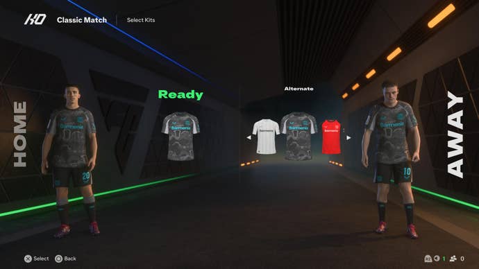 Two football players wearing Bayer Leverkusen kits in EA Sports FC 25.