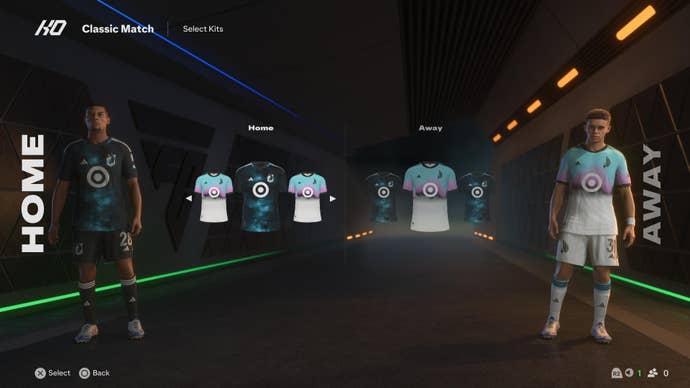 Two football players wearing Minnesota United kits in EA Sports FC 25.