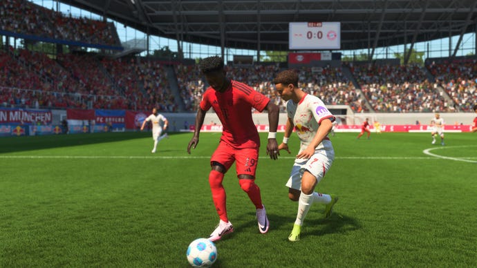 Alphonso Davies tackling Antonio Nusa in EA Sports FC 25.