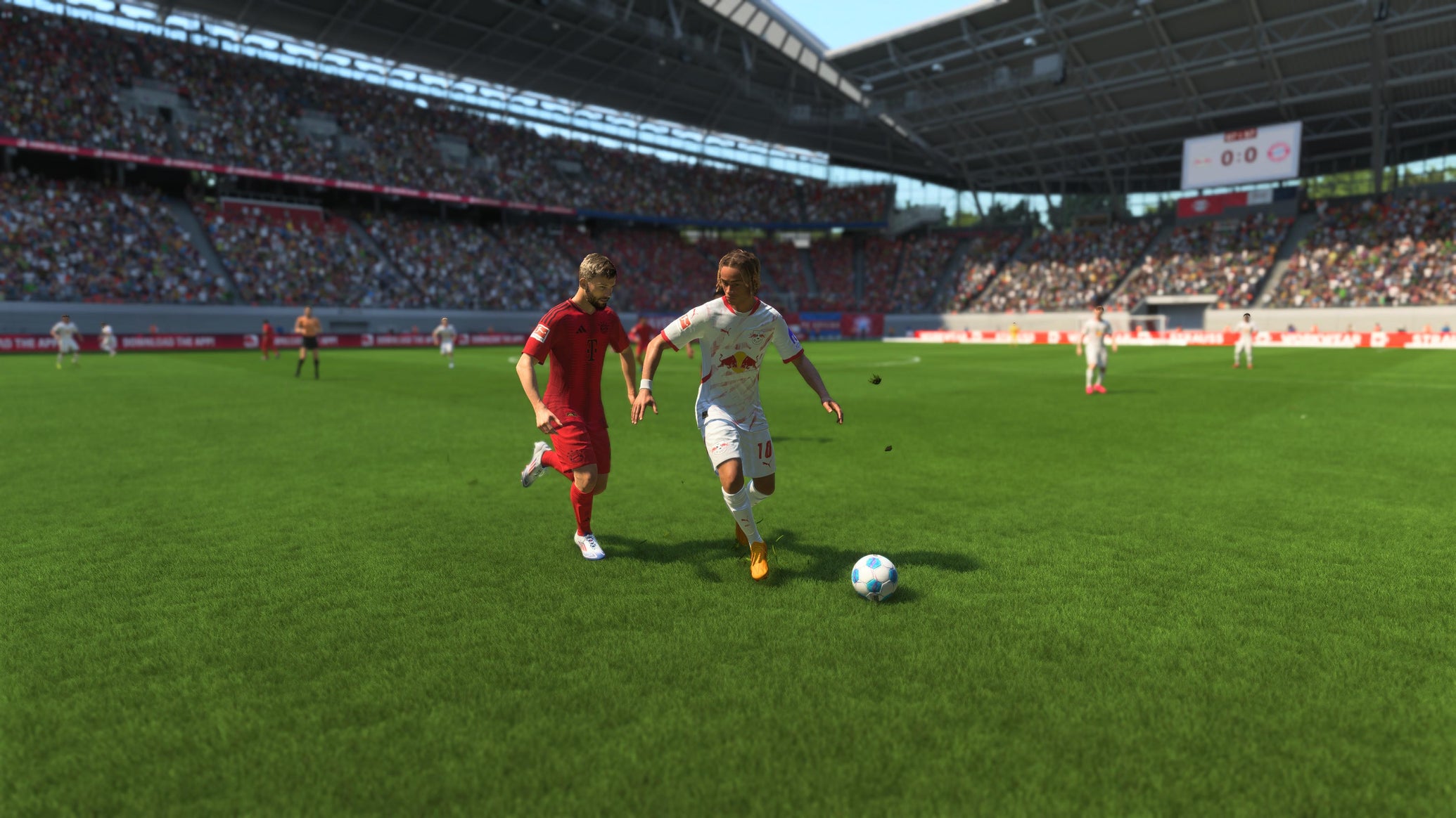 Xavi Simons shielding the ball from Konrad Laimer in EA Sports FC 25. - 1