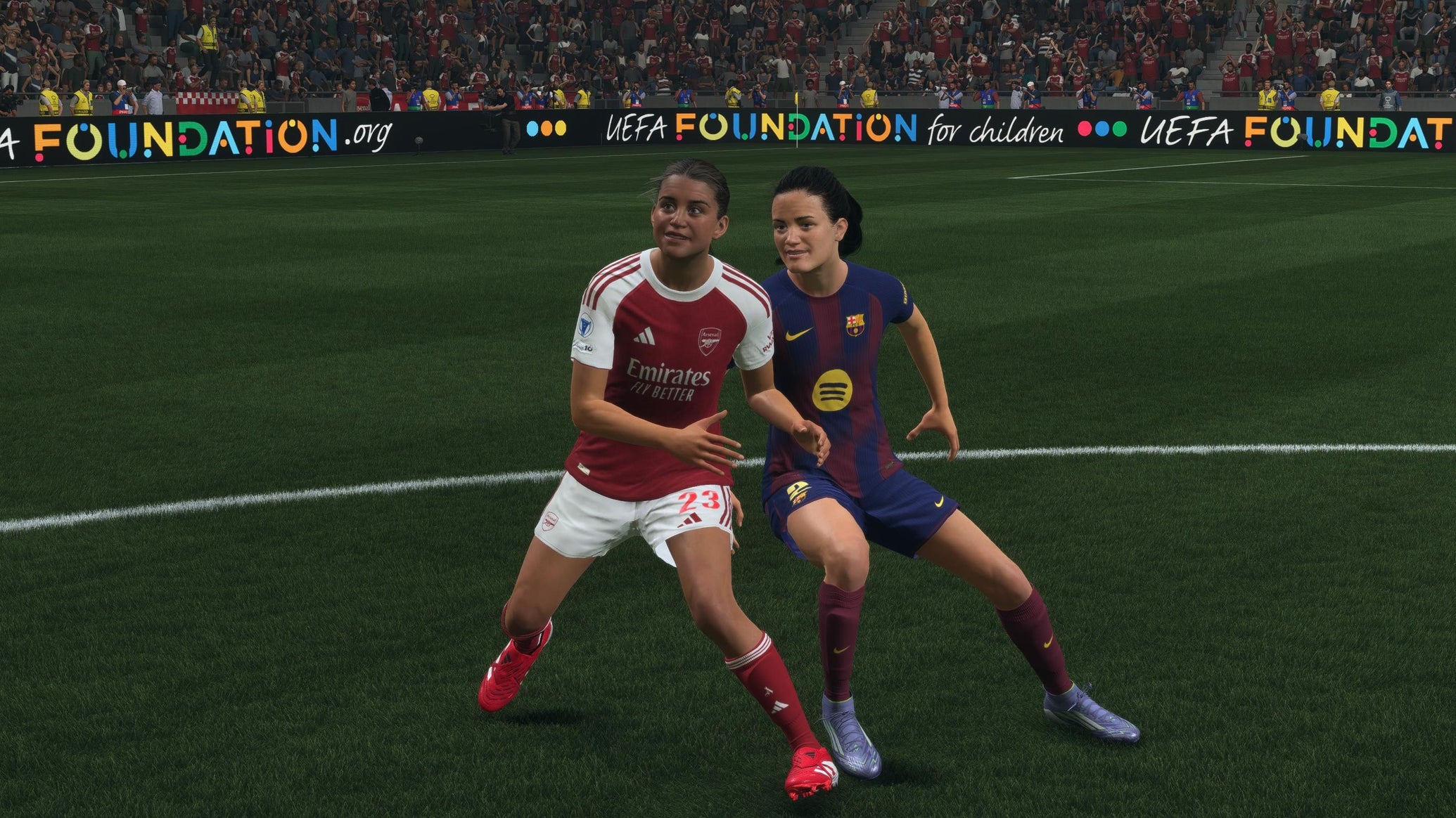 Alessia Russo and Irene Paredes jostling for the ball in EA Sports FC 26. - 1