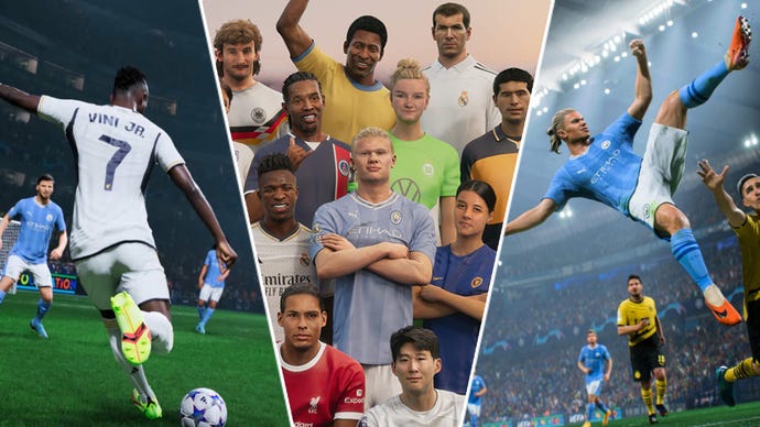 A trio of images representing EA Sports FC 24, including a shot of player going for goal, a group shot of assembled athletes, and a player performing a bicycle kick