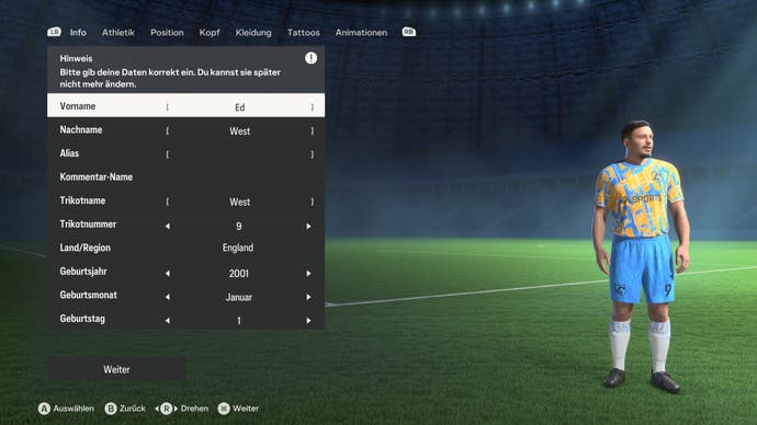 Der Bildschirm zur Erstellung eines Spielers für die Spielerkarriere in EA Sports FC 24.