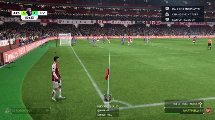 EA Sports FC 24 screenshot, showing another Arsenal player about to take a corner kick.