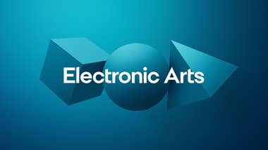EA's logo against a backdrop of floating bluish cubes, balls and pyramids.