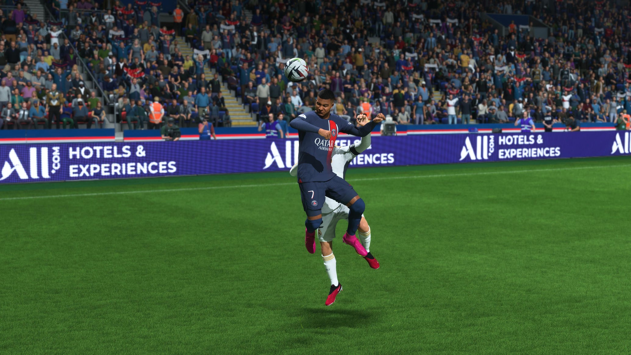 Kylian Mbappe, one of the best strikers in EAFC 24, jumping for the ball against Dani Carvajal - 1