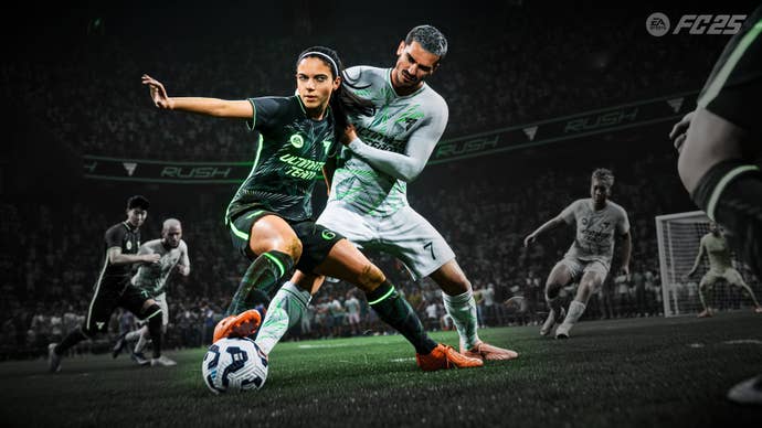 Aitana Bonmati and Antoine Griezmann tussle over the ball in the middle of the pitch in EA FC 25, background in black and white.